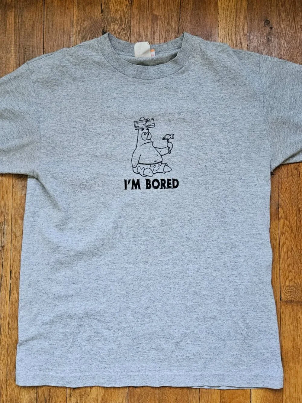 Vintage 2003 SPONGEBOB Patrick I'm Bored flocked Tee T-shirt NICKELODEON Y2K